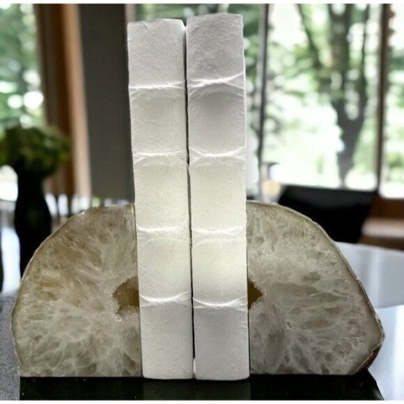 Agate Bookends, Druzy, Geode Center, White, Gray Layers, Cream Banding (RE) - Picture 1 of 10